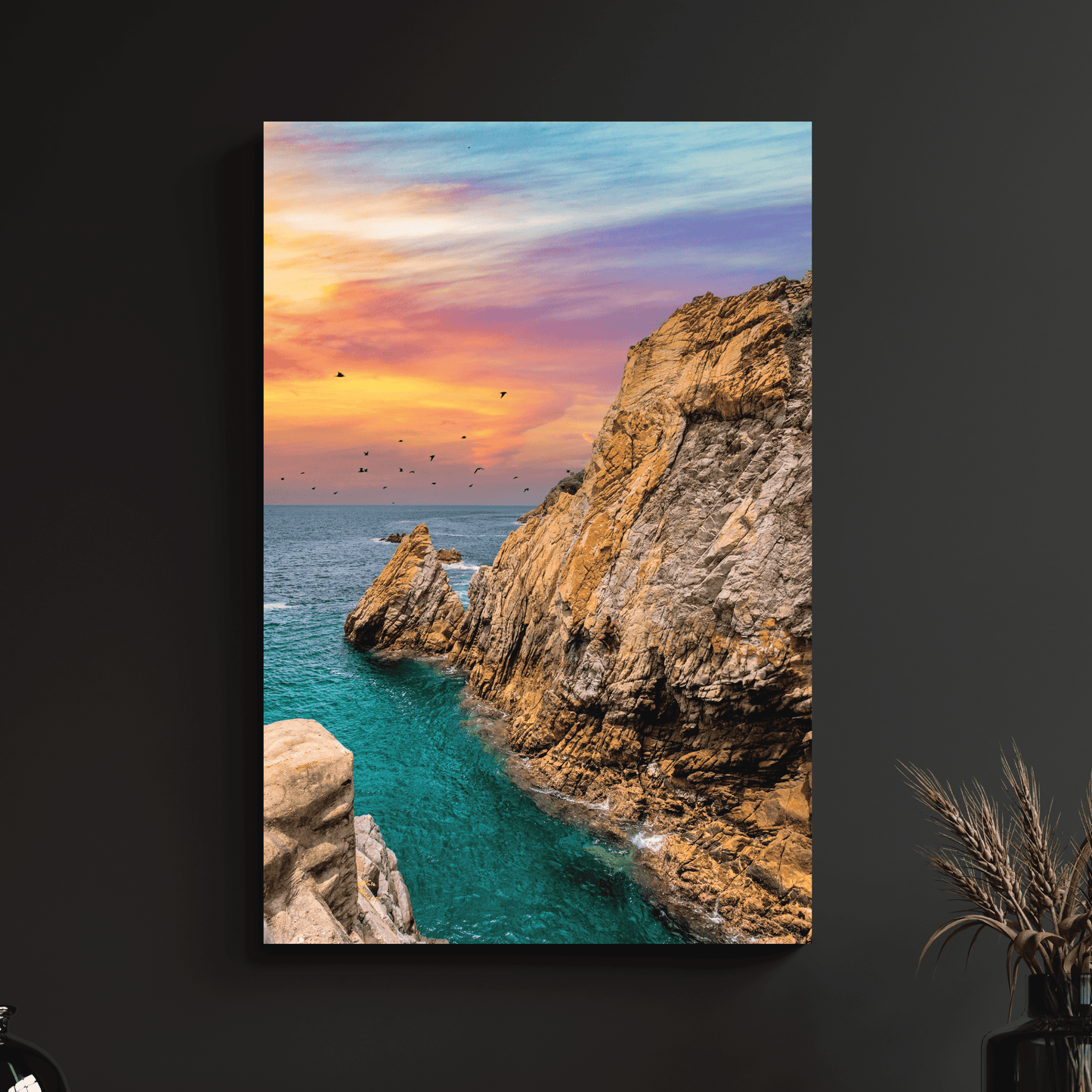 a painting of a sunset over the ocean