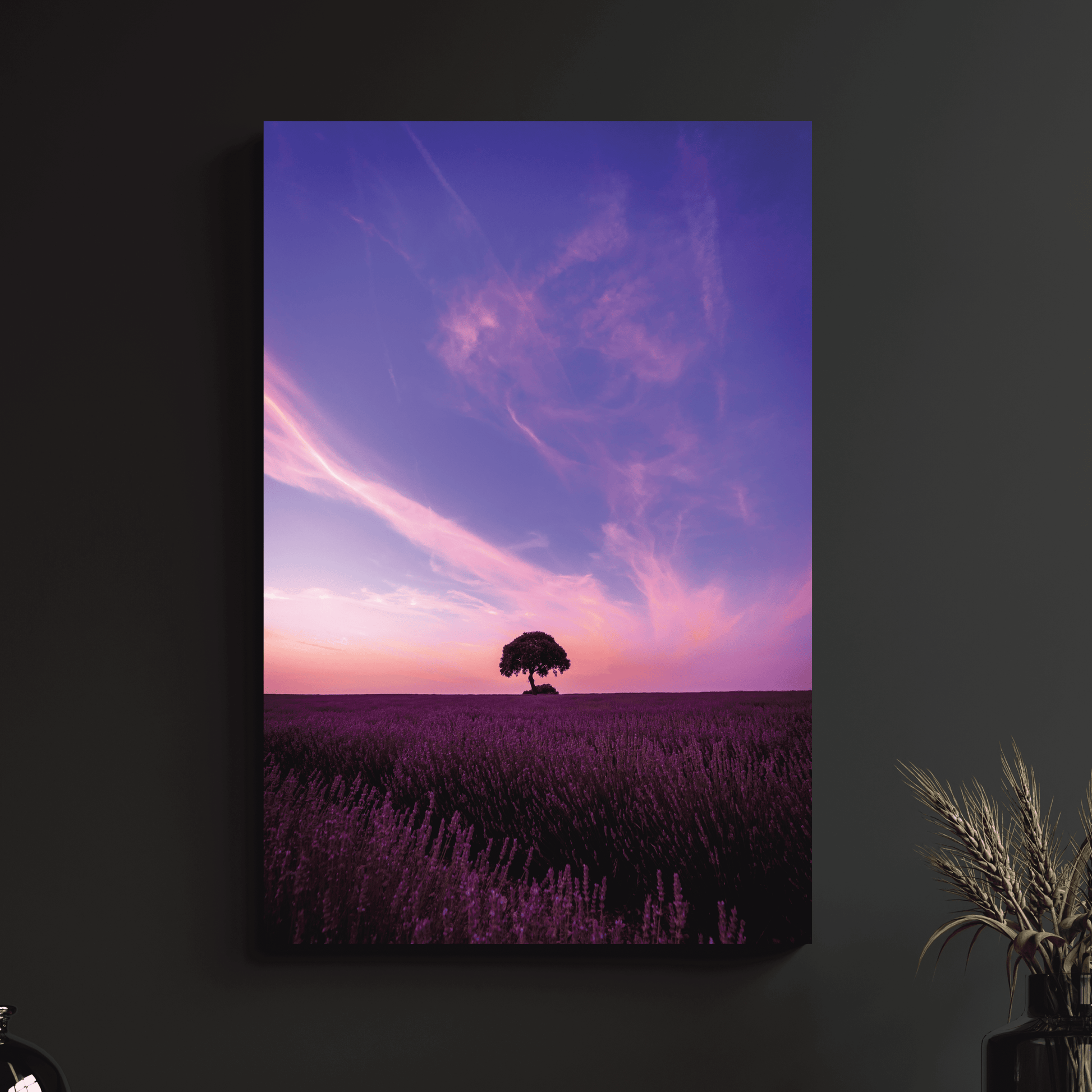 a painting of a lone tree in a lavender field