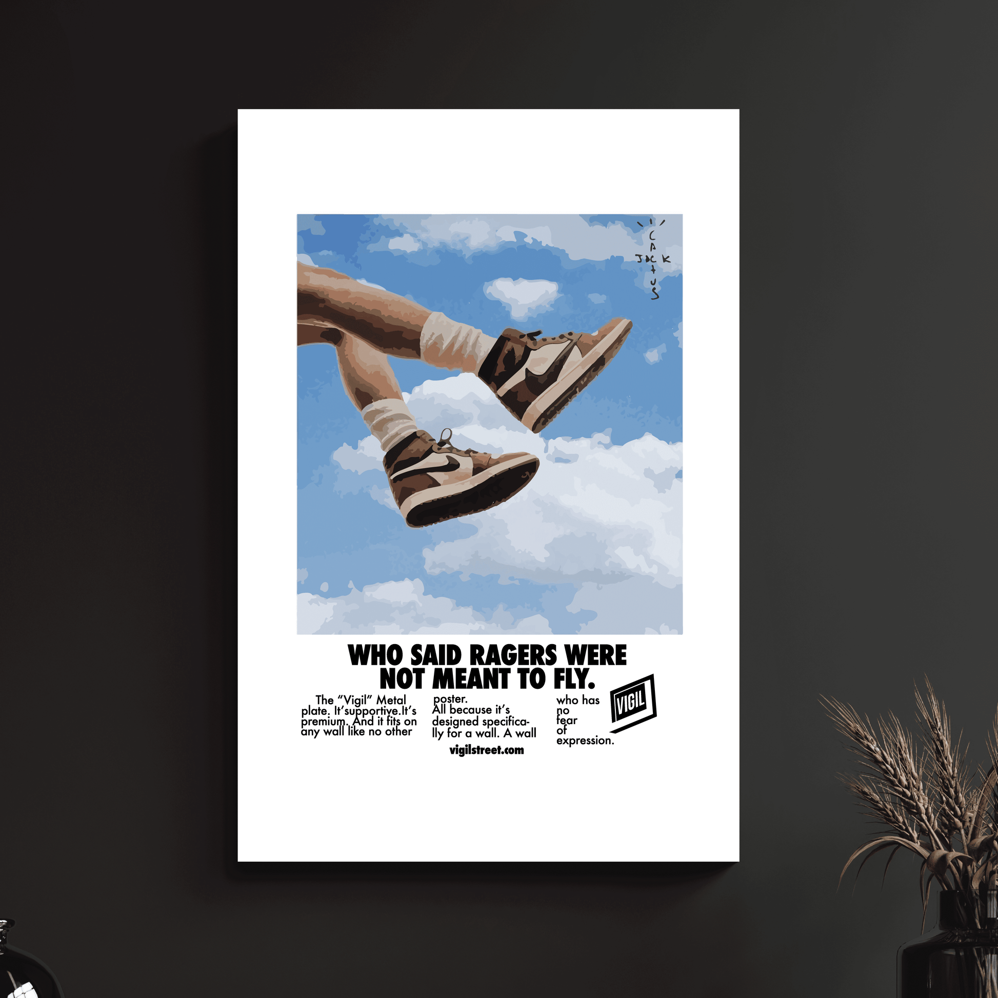 a poster of a pair of shoes flying through the air