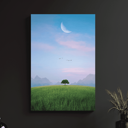 a painting of a green field with a tree and birds flying in the sky