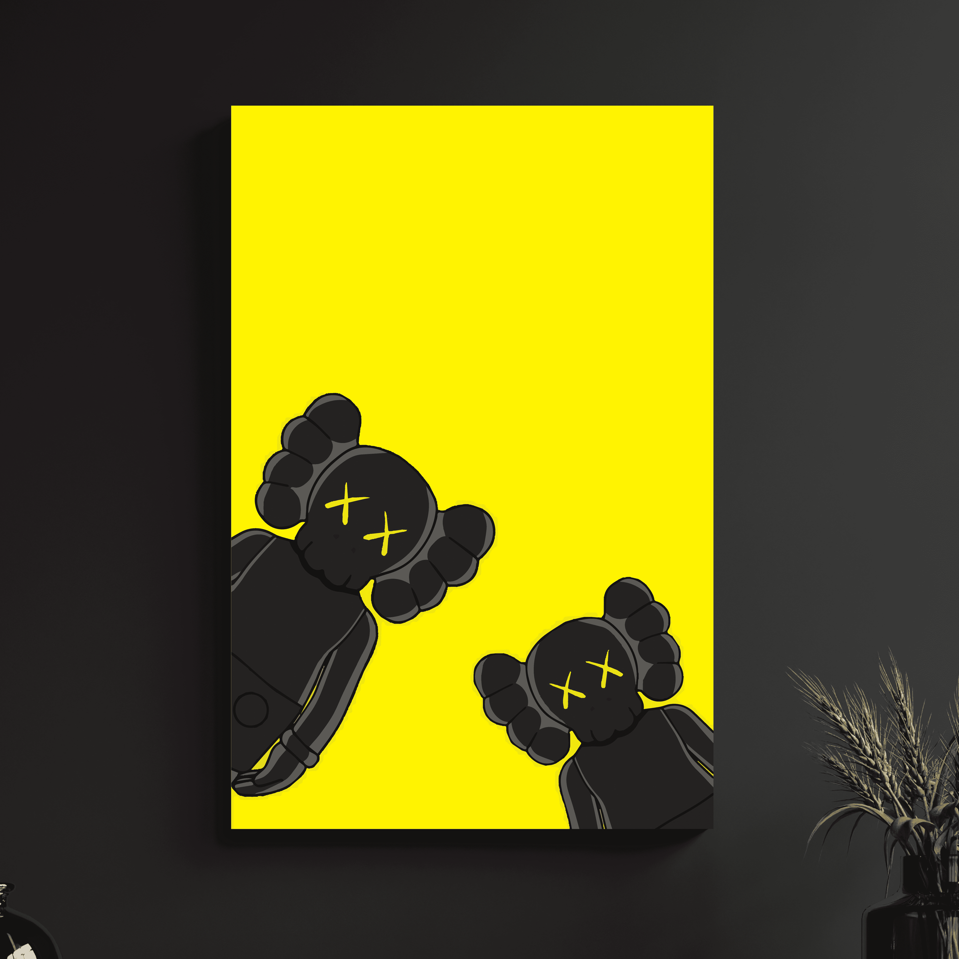 a black and yellow painting on a black wall